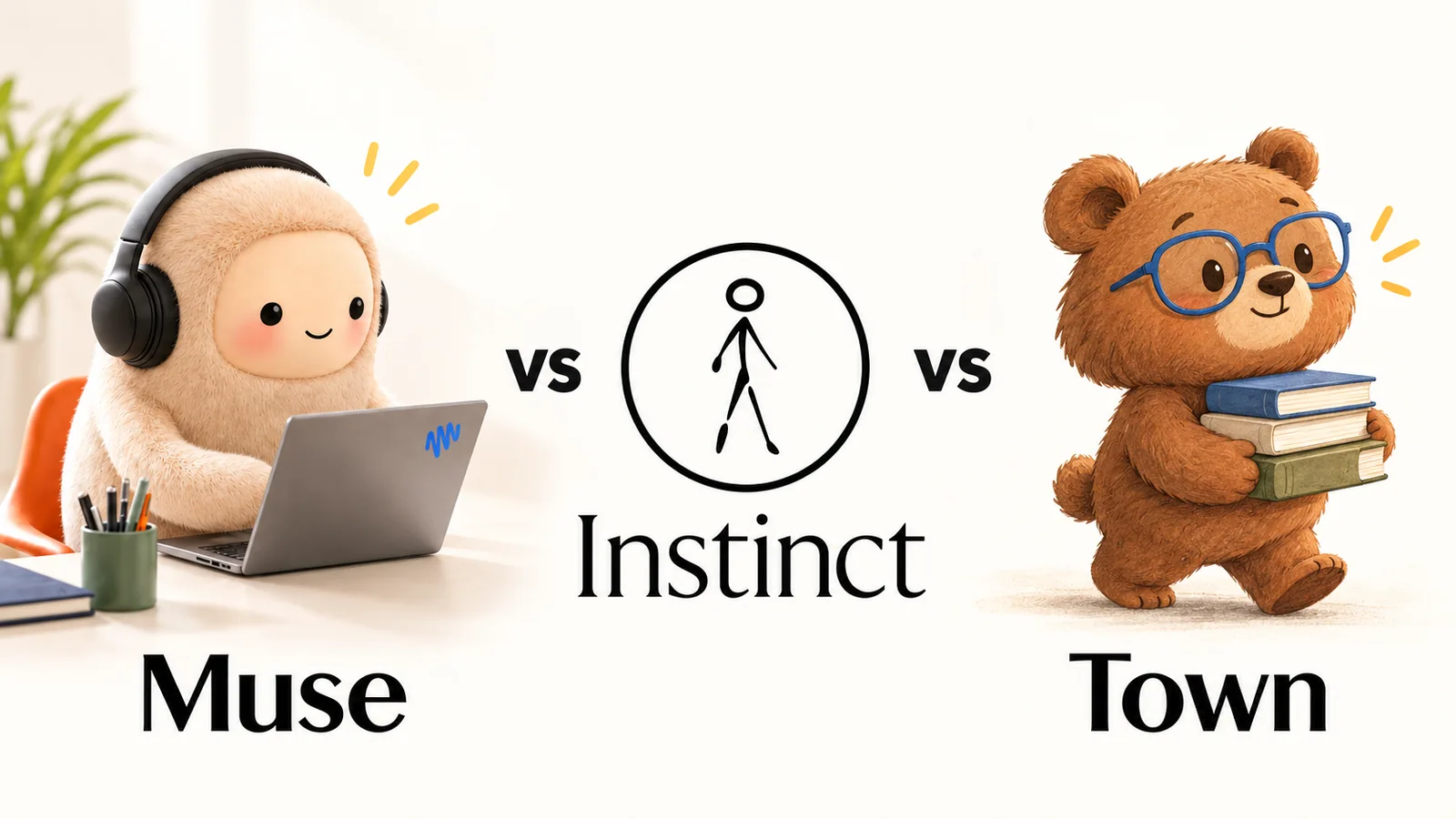 Muse, Instinct und Town – KI-Assistenten 2026 im Vergleich KI-Assistenten im Vergleich: Muse mit Laptop, Instinct als Symbol und Town mit Büchern